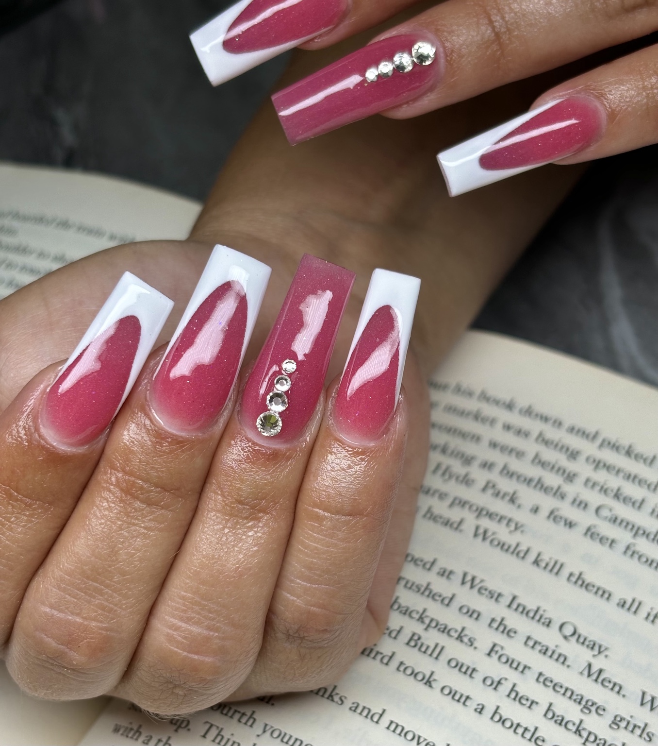 Custom pink and white French nail set by Alaia Monèt